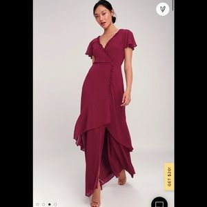Lulu’s “Pour the Champagne Burgundy Ruffled Maxi Dress”